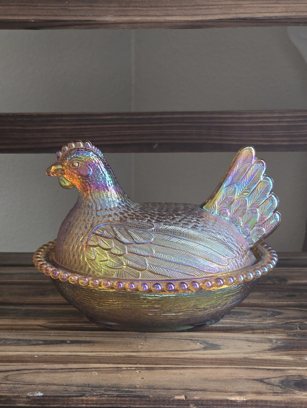 VTG 70s Indiana Glass 7” Hen on Nest Golden Carnival Amber Iridescent MCM Mint